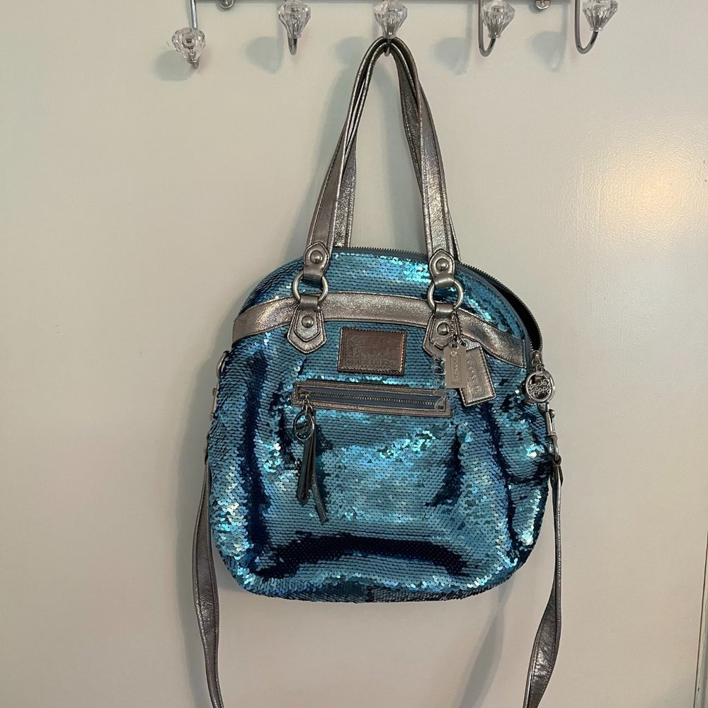 Limited Edition Discontinued Coach Poppy Chambray Blue Sequin Purse